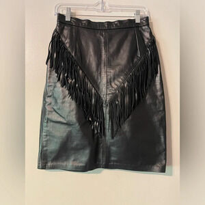 Vintage Made In USA 100% Leather Fringe Zipper Snap Closure Black Skirt